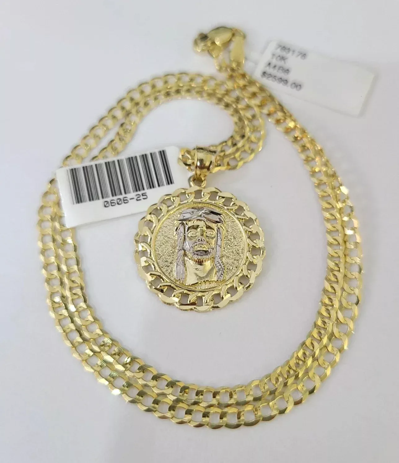 10k Yellow Gold Solid Cuban Curb Chain Jesus Head Pendant Charm 3mm Necklace