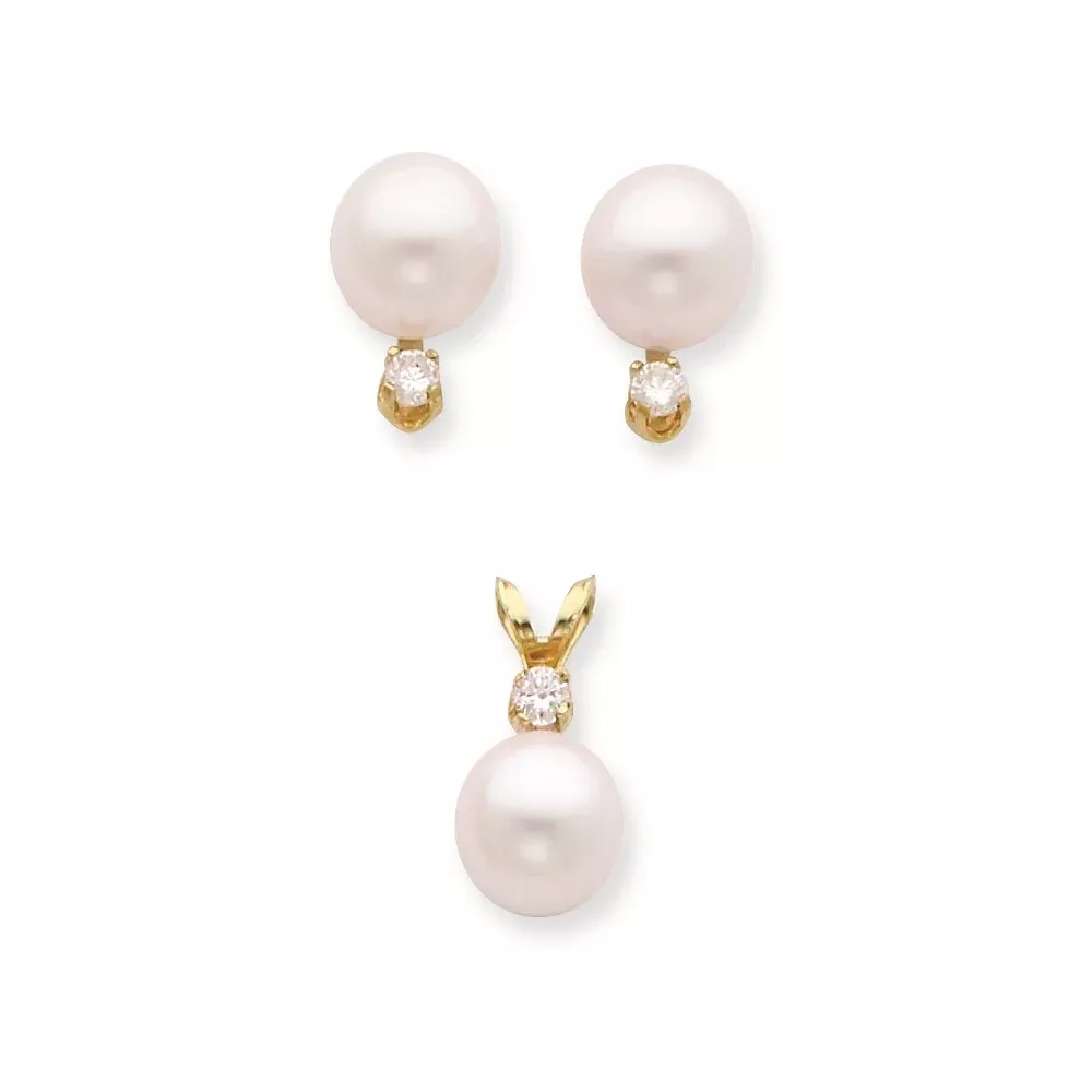 14K 7 8mm Saltwater Akoya Cultured Pearl and Diamond Earring and Pendant Set