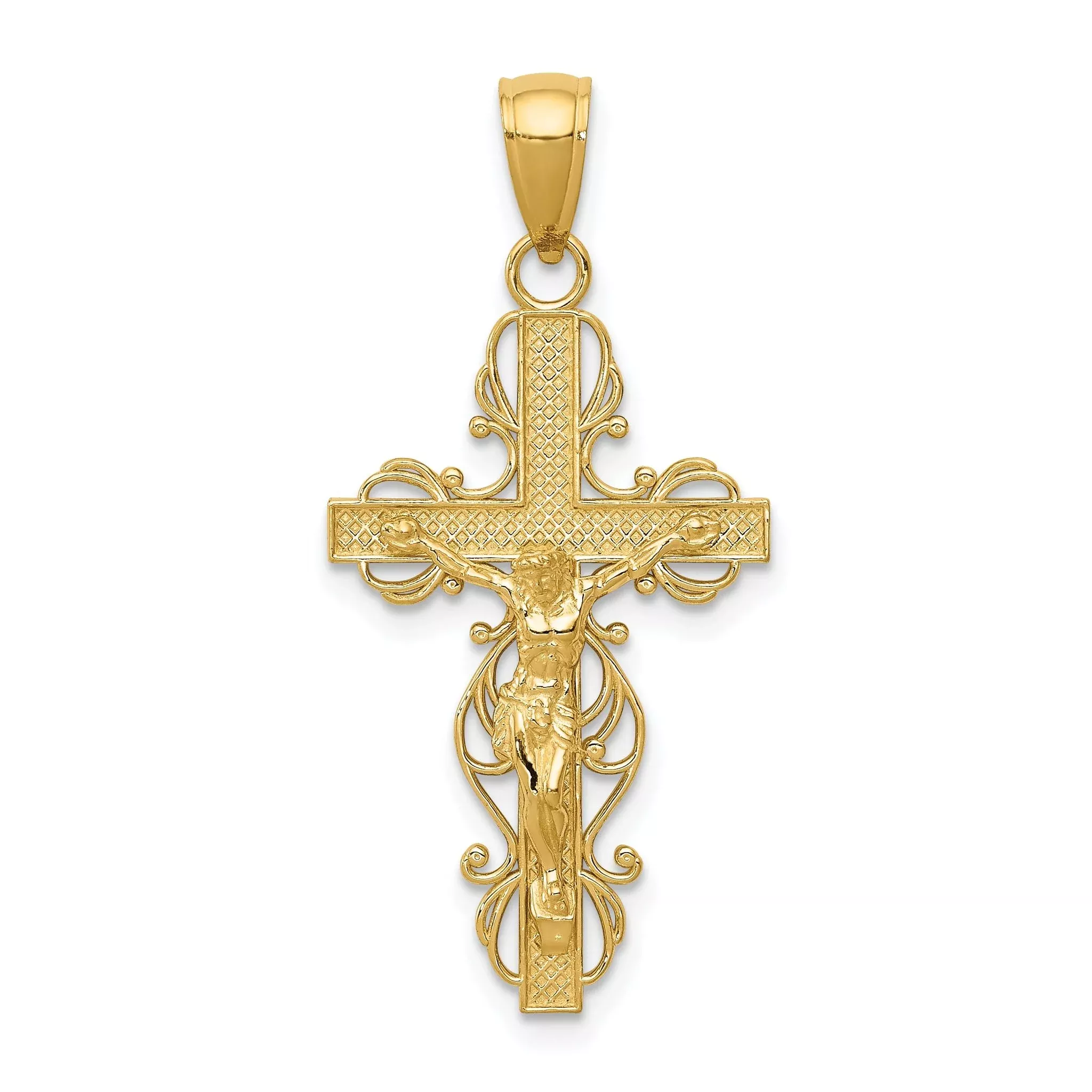 14K Gold Crucifix Pendant with Polished Lace Trim Elegant Design