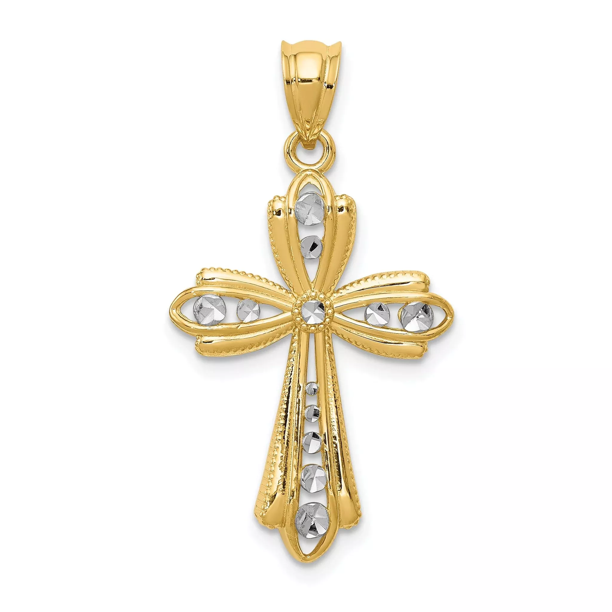 14K Gold Rhodium-Plated Diamond-Cut Cross Charm Elegant and Solid Design