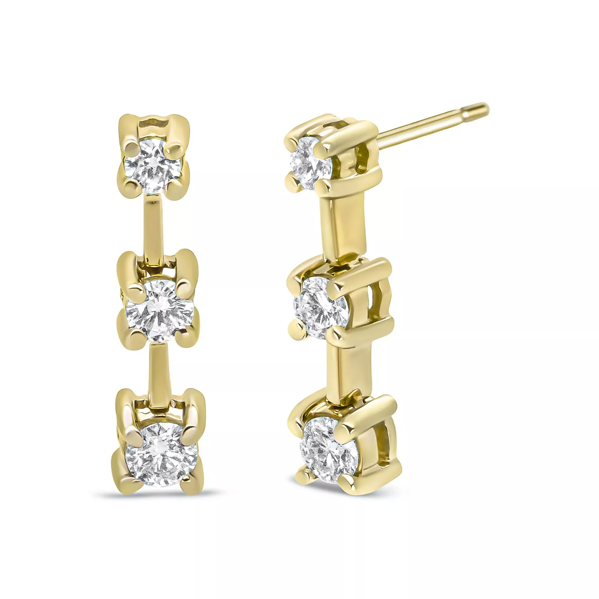 14K Gold Round Diamond 3 Stone Graduated Linear Drop Past, Present and Future Stud Earrings (H-I Color, SI1-SI2 Clarity)