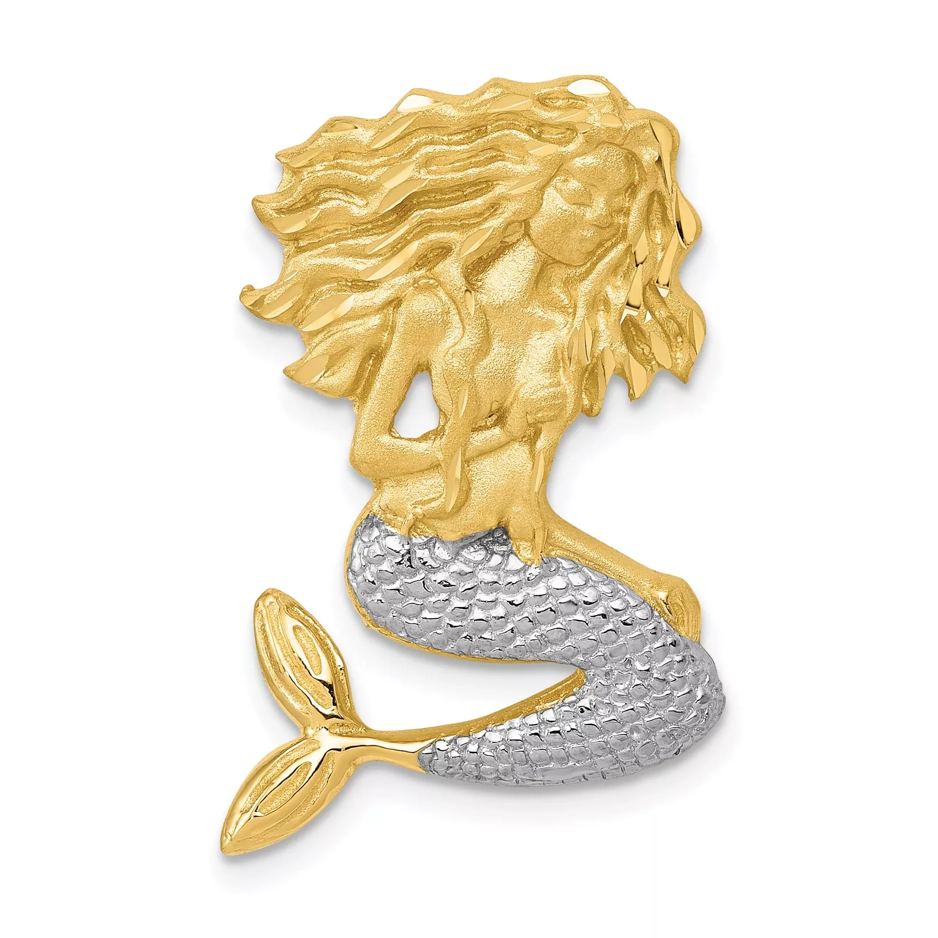 14K Gold & White Rhodium Mermaid Slide Pendant with Diamond-Cut Finish