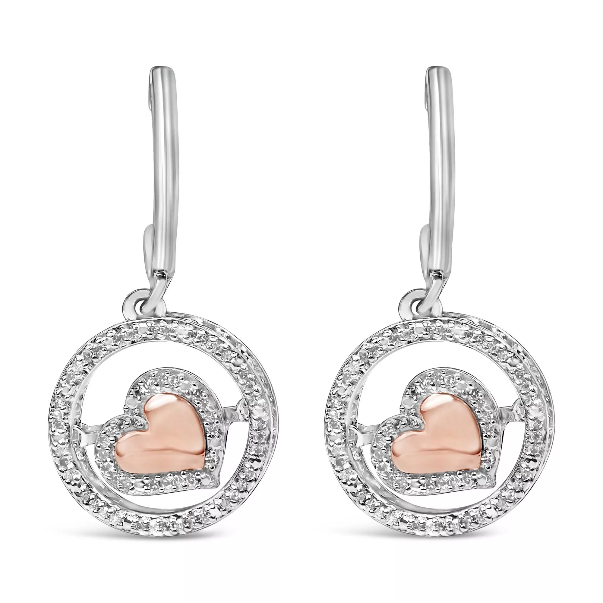 14K Rose Gold Plated .925 Sterling Silver 1/5 Cttw Diamond Circle and Heart Drop Earrings