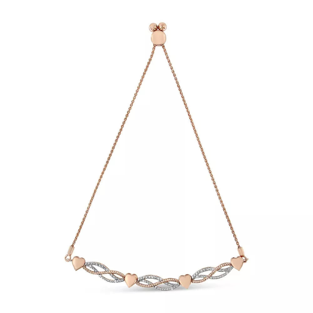 14K Rose Gold Plated .925 Sterling Silver Cttw Diamond Accent Layered Infinity Link and Heart Adjustable 4”-10” Adjustable Bolo Bracelet (I-J Color, I3 Clarity)