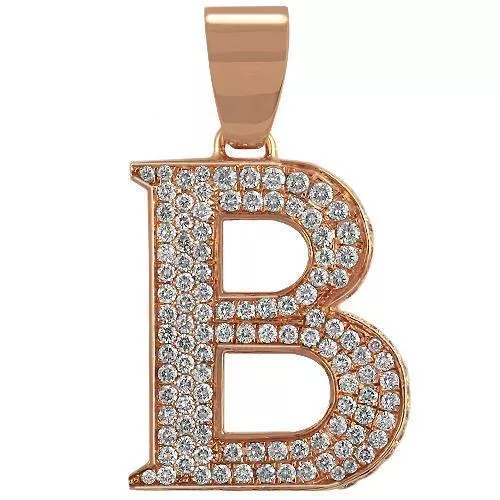 14K Rose Solid Gold Unisex Diamond Initial Letter'B' Pendant 2.50 Ctw