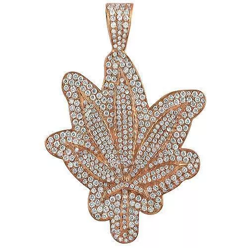 14K Rose Yellow Gold Marijuana Leaf Diamond Pendant 4.50 Ctw