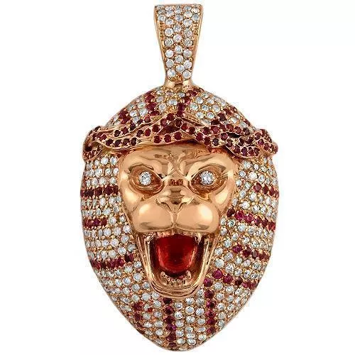 14K Solid Rose Gold Mens Custom Design Diamond Tiger Pendant With White And Red Diamonds 5.50 Ctw