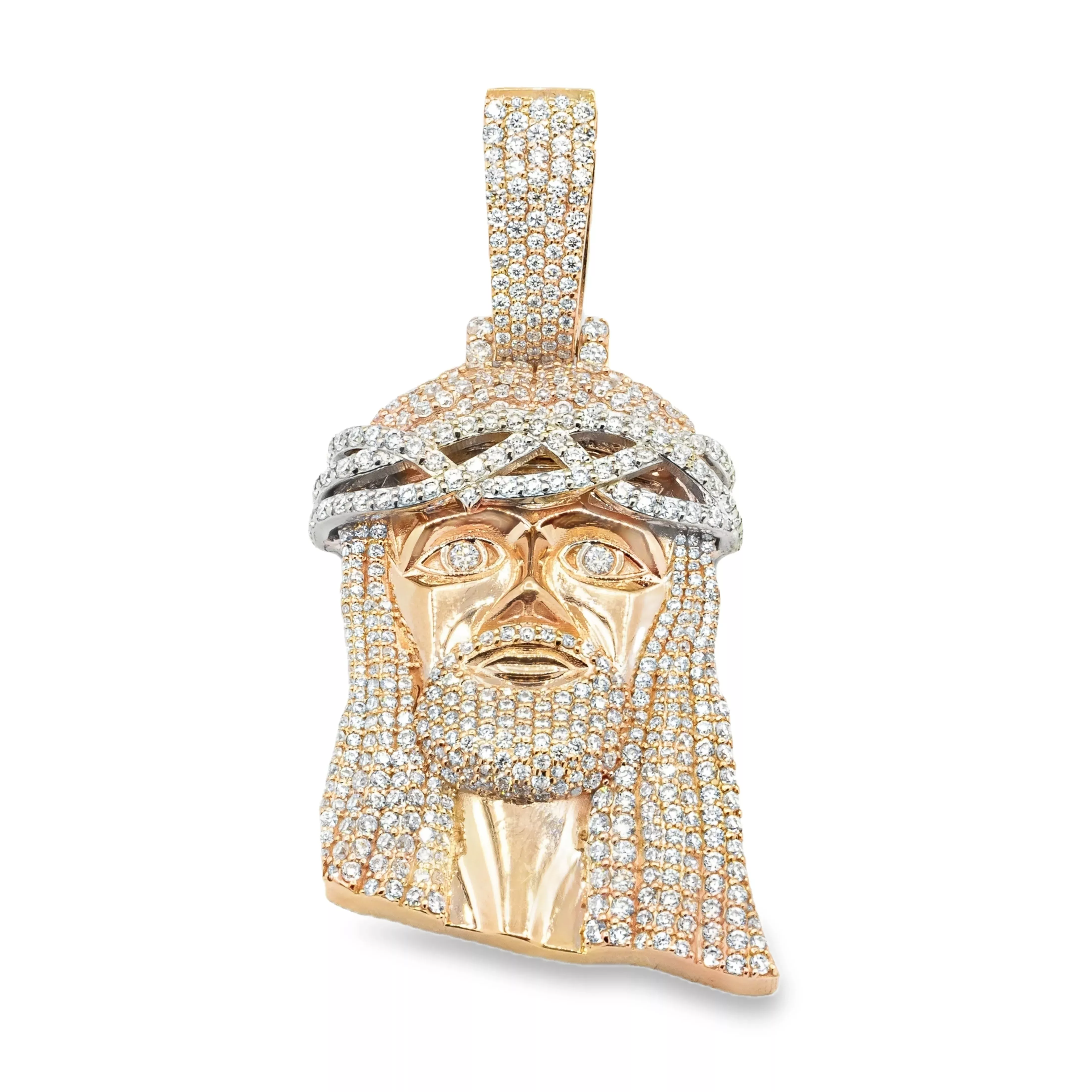 14K Solid Rose Gold Mens Jesus Head Pendant With Round Cut Lab Diamonds 3.8 Ctw