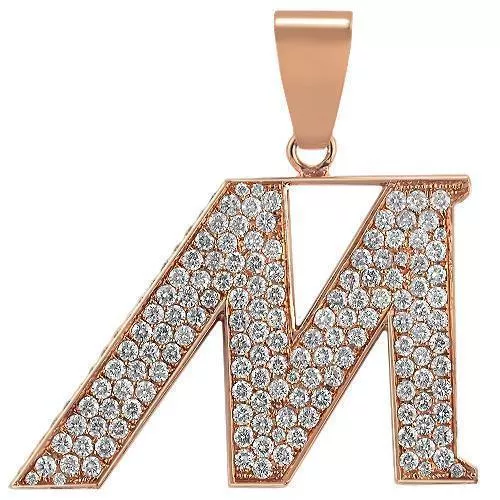 14K Solid Rose Gold Unisex Diamond Initial Letter 'M' Pendant 3.75 Ctw