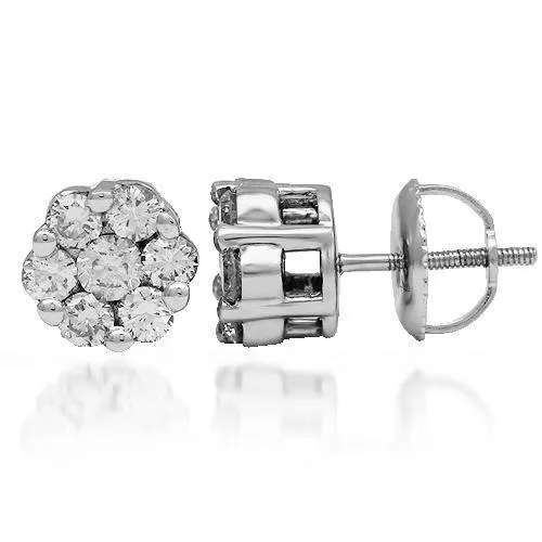14K Solid White Gold Diamond Cluster Stud Earrings 0.91 Ctw