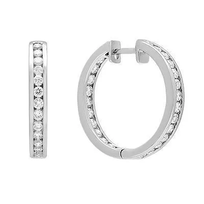 14k Solid White Gold Diamond Hoop Earrings 1.03 Ctw