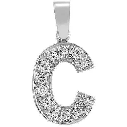 14K Solid White Gold Diamond Letter 'C'Initial Pendant 0.75 Ctw