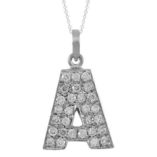 14K Solid White Gold Diamond Letter Initial A Pendant 1.00 Ctw