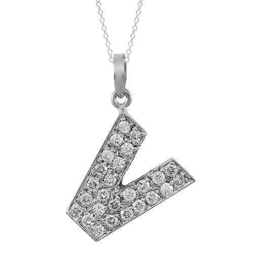 14K Solid White Gold Diamond Letter Initial V Pendant 0.75 Ctw