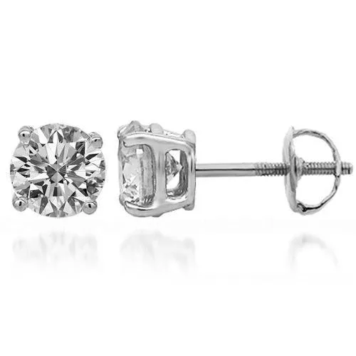 14K Solid White Gold Diamond Solitaire Stud Earrings 1.47 Ctw
