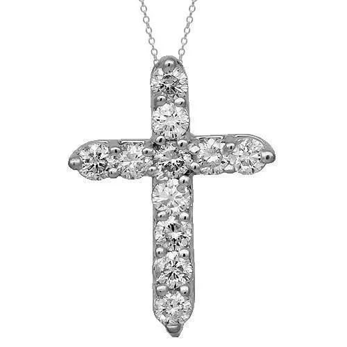 14K Solid White Gold Women's Diamond Cross Pendant 0.90 Cwt.