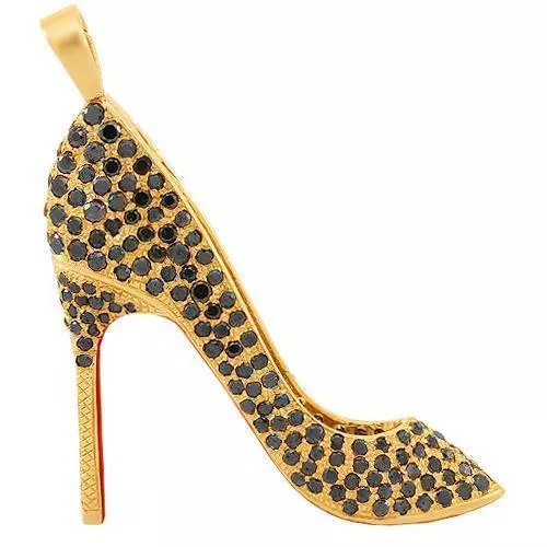 14K Solid Yellow Gold Custom Diamond Lady Shoe Pendant With Black Diamonds 3.00 Ctw