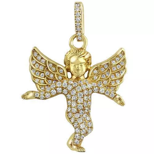 14K Solid Yellow Gold Diamond Angel Pendant 1.00 Ctw