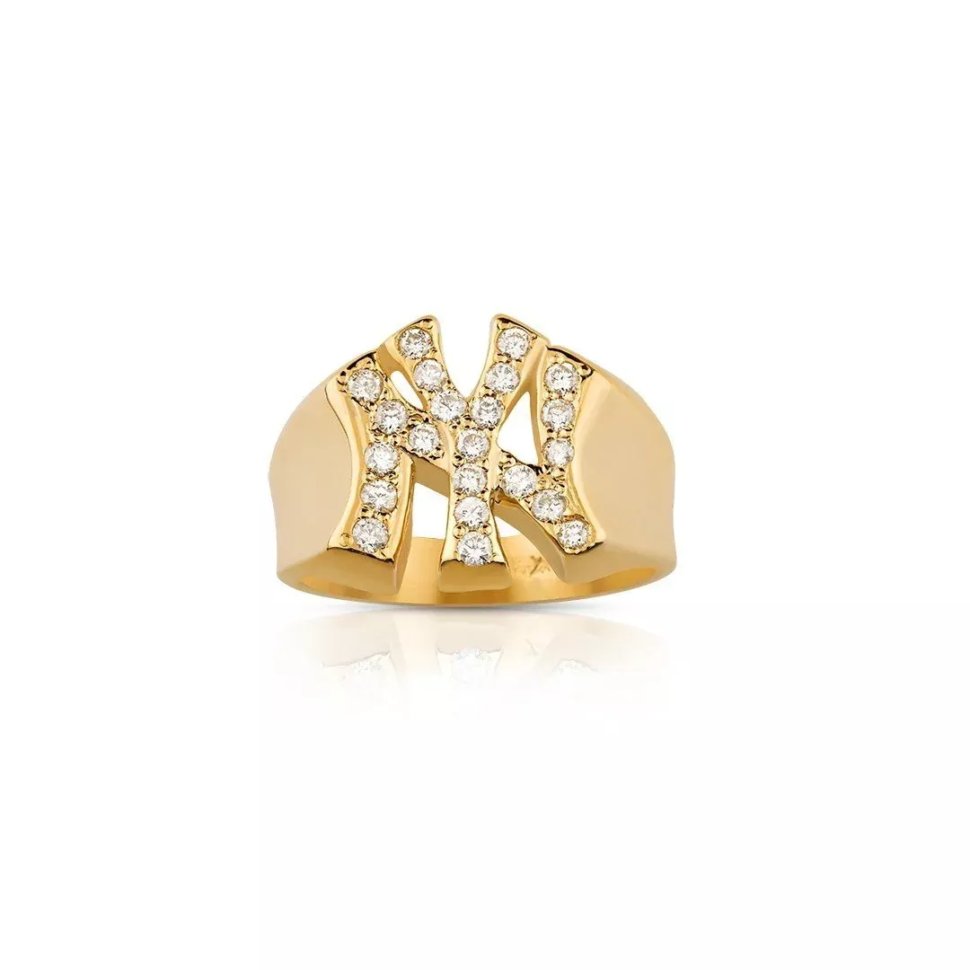 14K Solid Yellow Gold Diamond NY Yankee Ring 0.7 Ctw