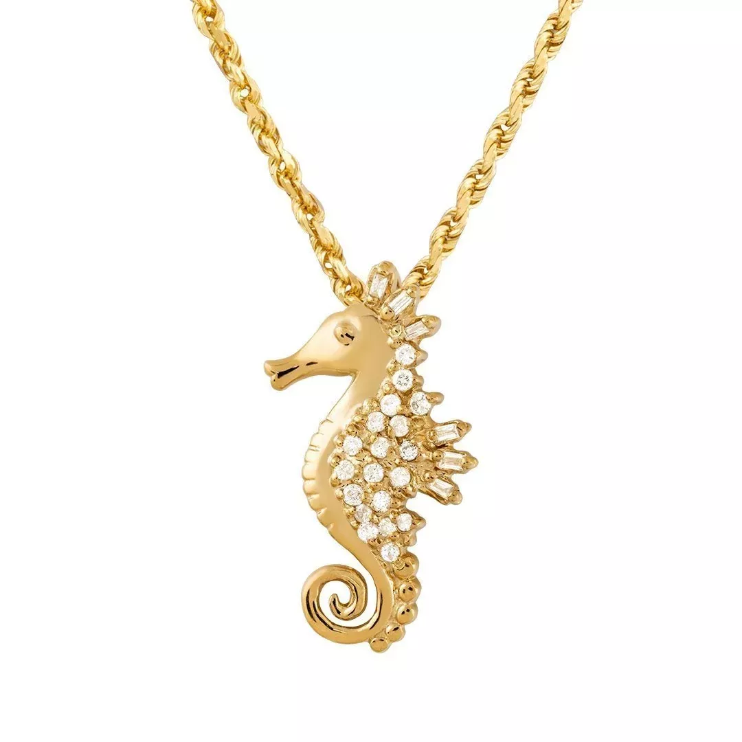 14K Solid Yellow Gold Diamond Seahorse Pendant 0.25 Ctw