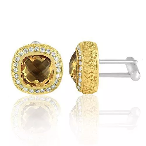 14K Solid Yellow Gold Mens Diamond Cufflinks With Champagne Citrine 9.00 Ctw