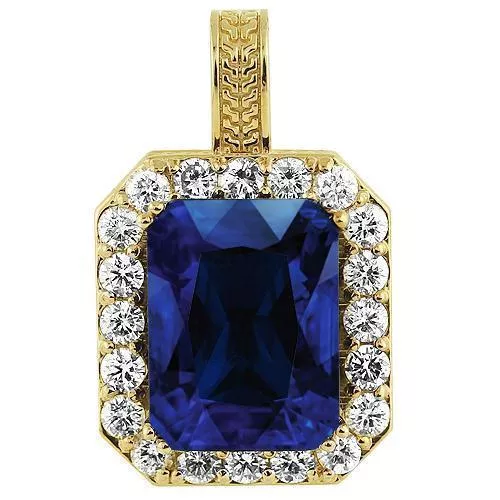 14K Solid Yellow Gold Mens Diamond Sapphire Pendant 4.00 Ctw