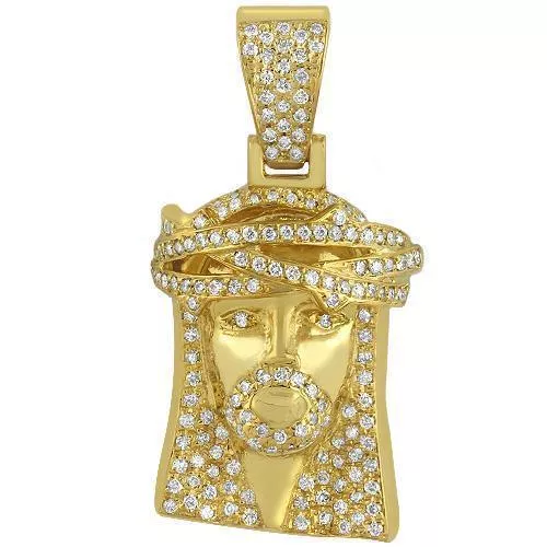 14K Solid Yellow Gold Mens Jesus Head Pendant With Round Cut Lab Diamonds 1.03 Ctw