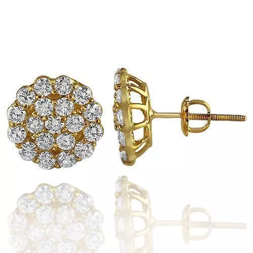 14K Solid Yellow Gold Round Cut Diamond Cluster Earrings 3.00 Ctw