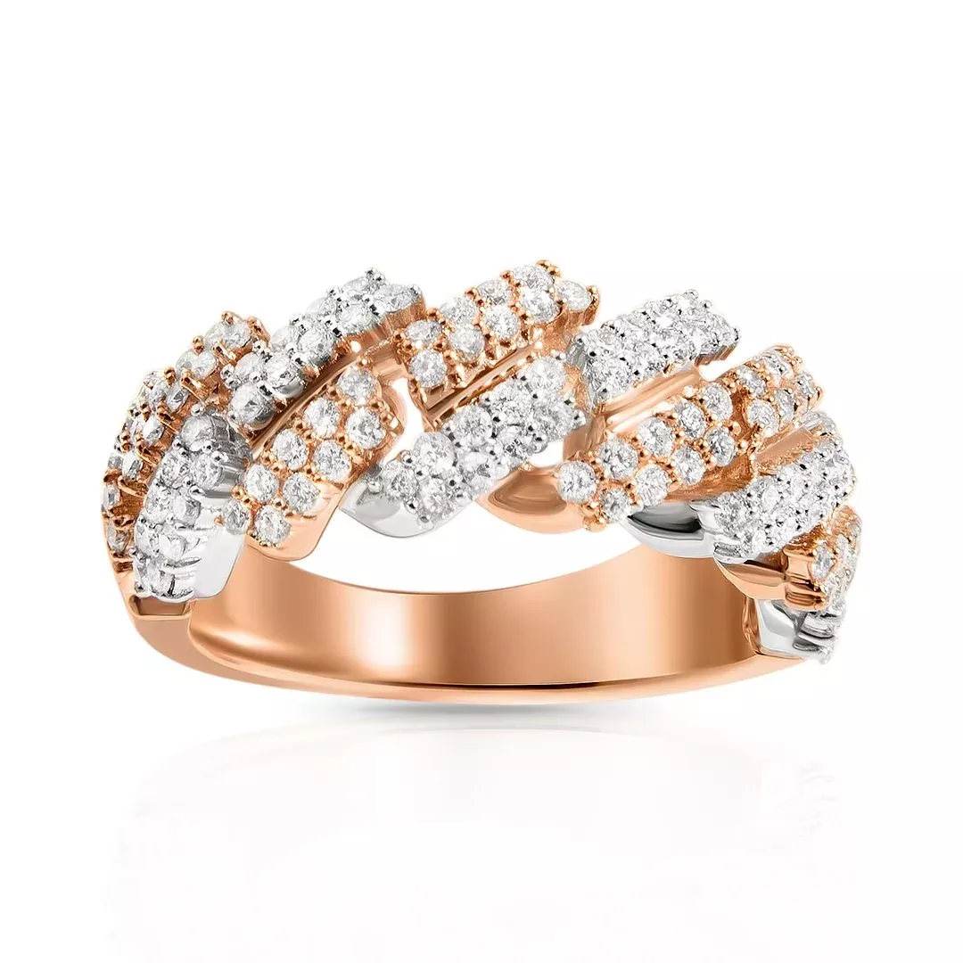 14K Two Tone Gold Diamond Cuban Link Half Band Ring 1.13 Cwt.
