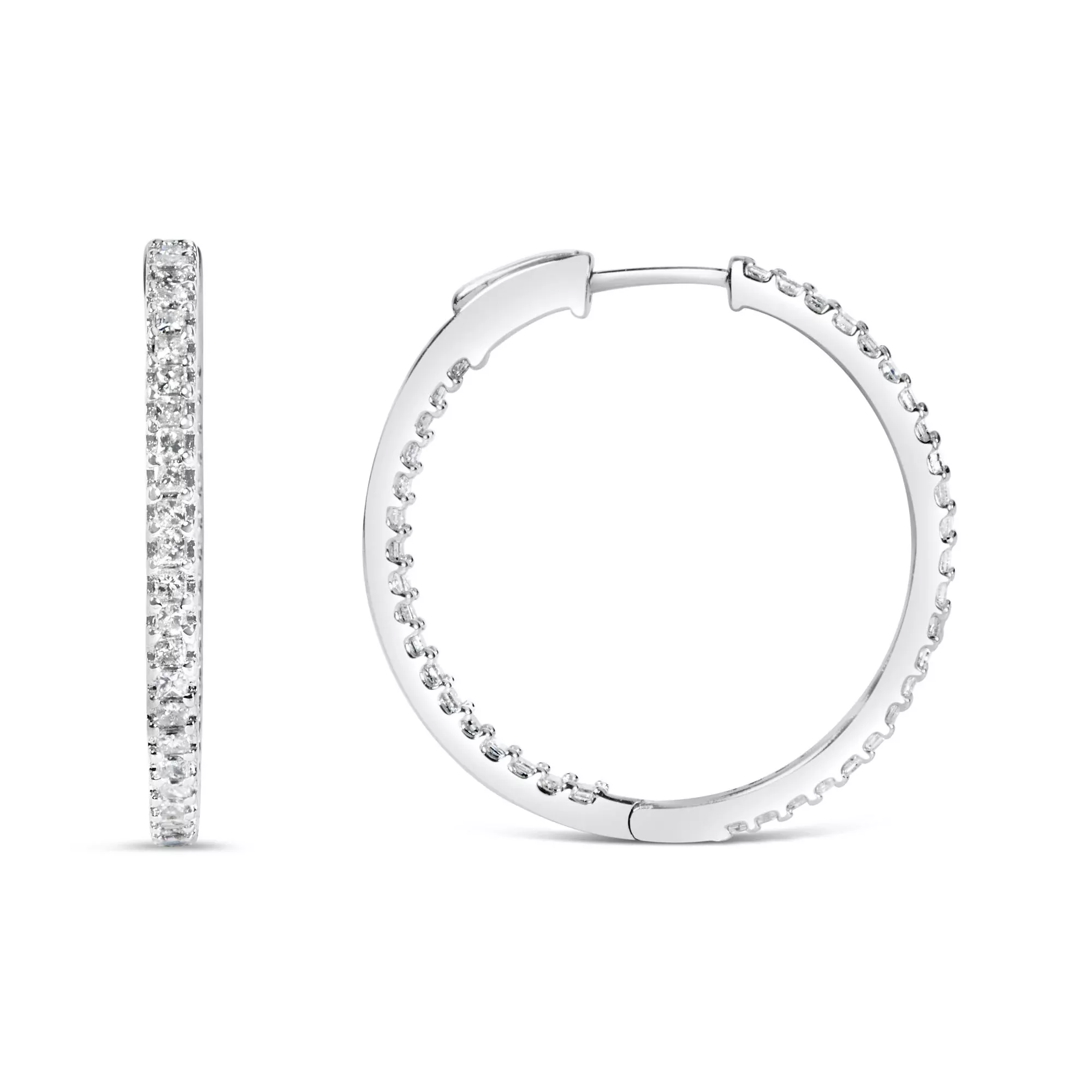 14K White Gold 1.0 Cttw Princess Diamond Inside Out Hoop Earrings (H-I Color, I1-I2 Clarity) - 23 MM