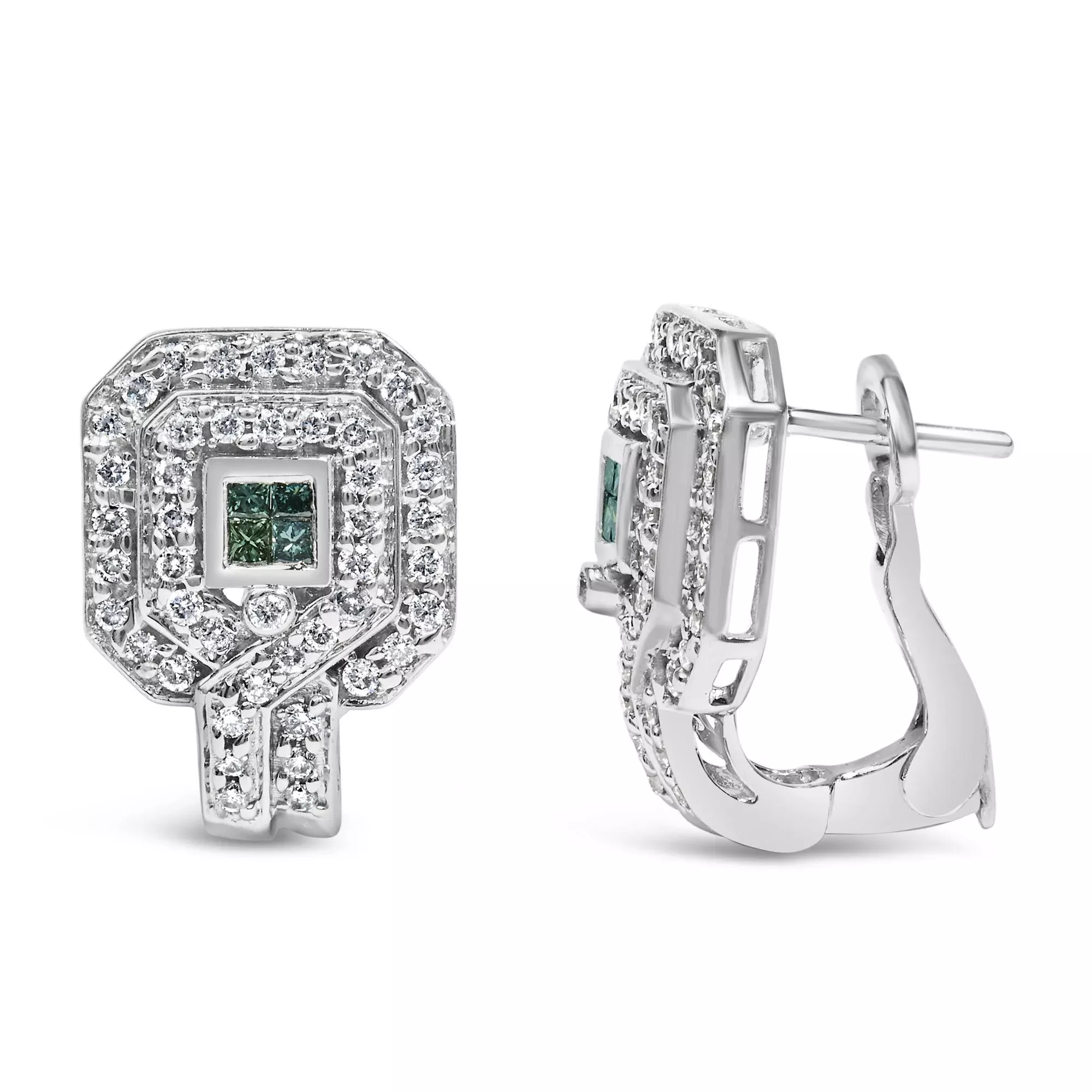 14K White Gold 1.0 Cttw Treated Blue and White Diamond Octagonal Shield Omega Back Earrings (H-I Color, SI1-SI2 Clarity)