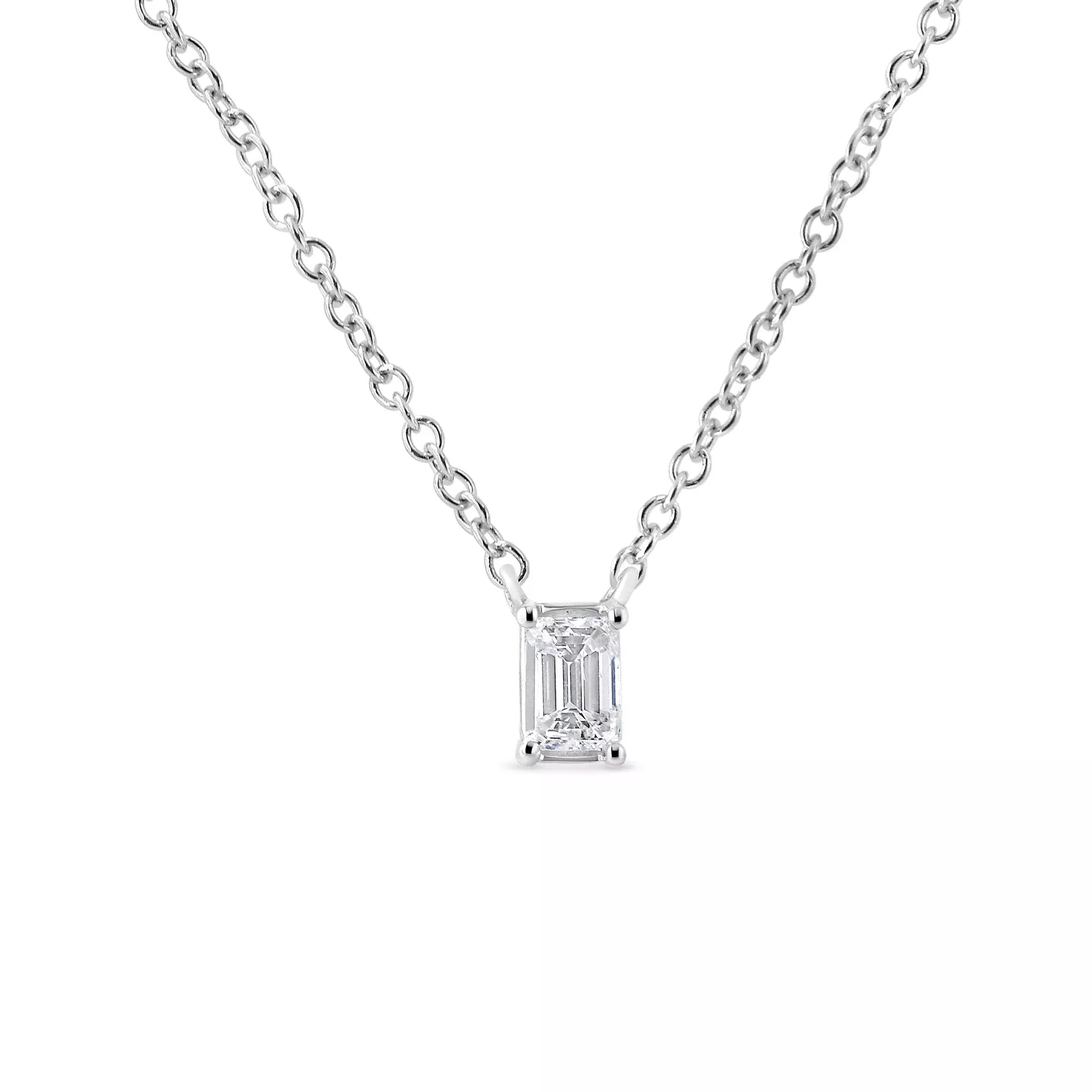 14K White Gold 1/3 Cttw Emerald Shape Solitaire Diamond 18" Pendant Necklace (G-H Color, VS2-SI1 Clarity)