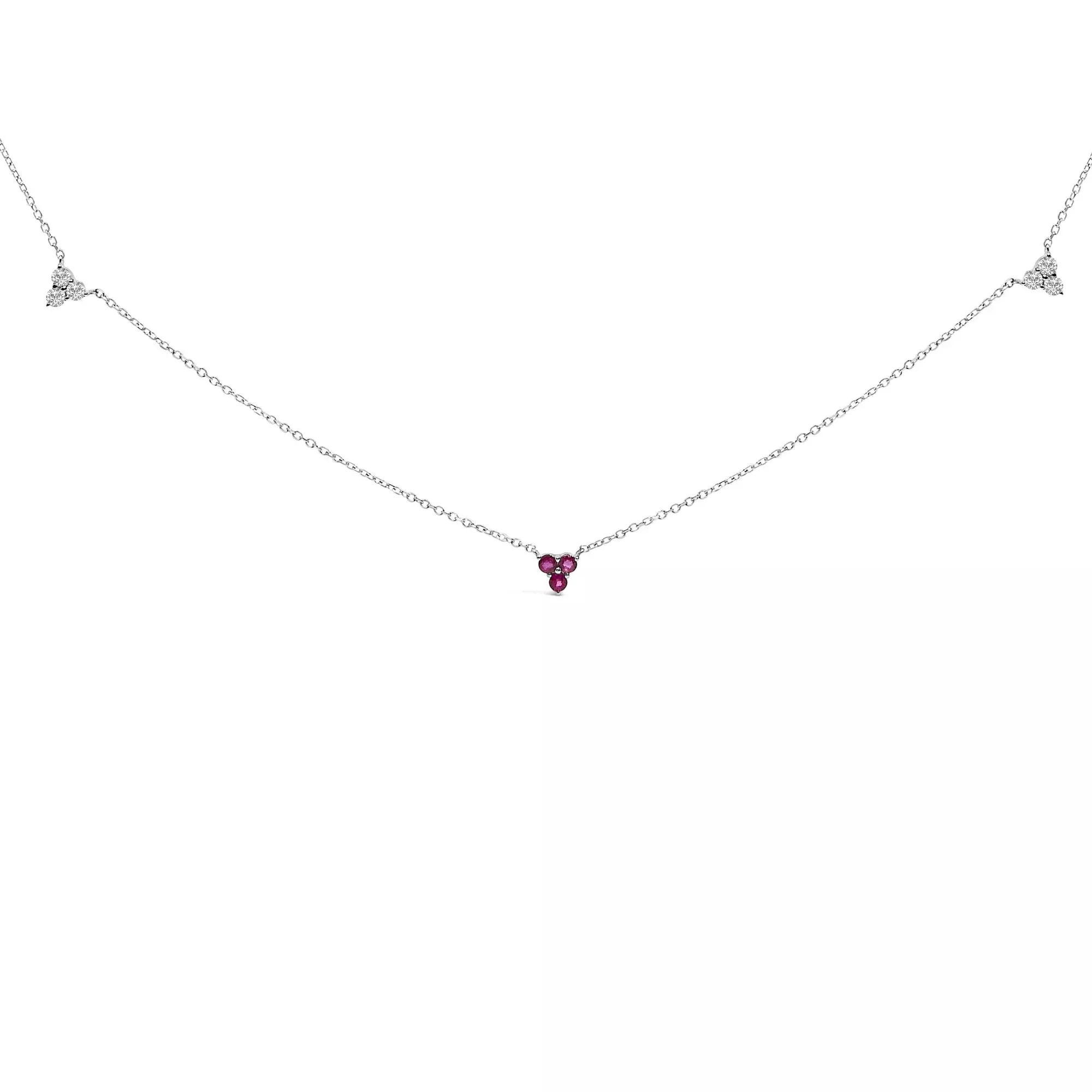 14K White Gold 1/5 Cttw Diamond and Ruby Tri Station Necklace