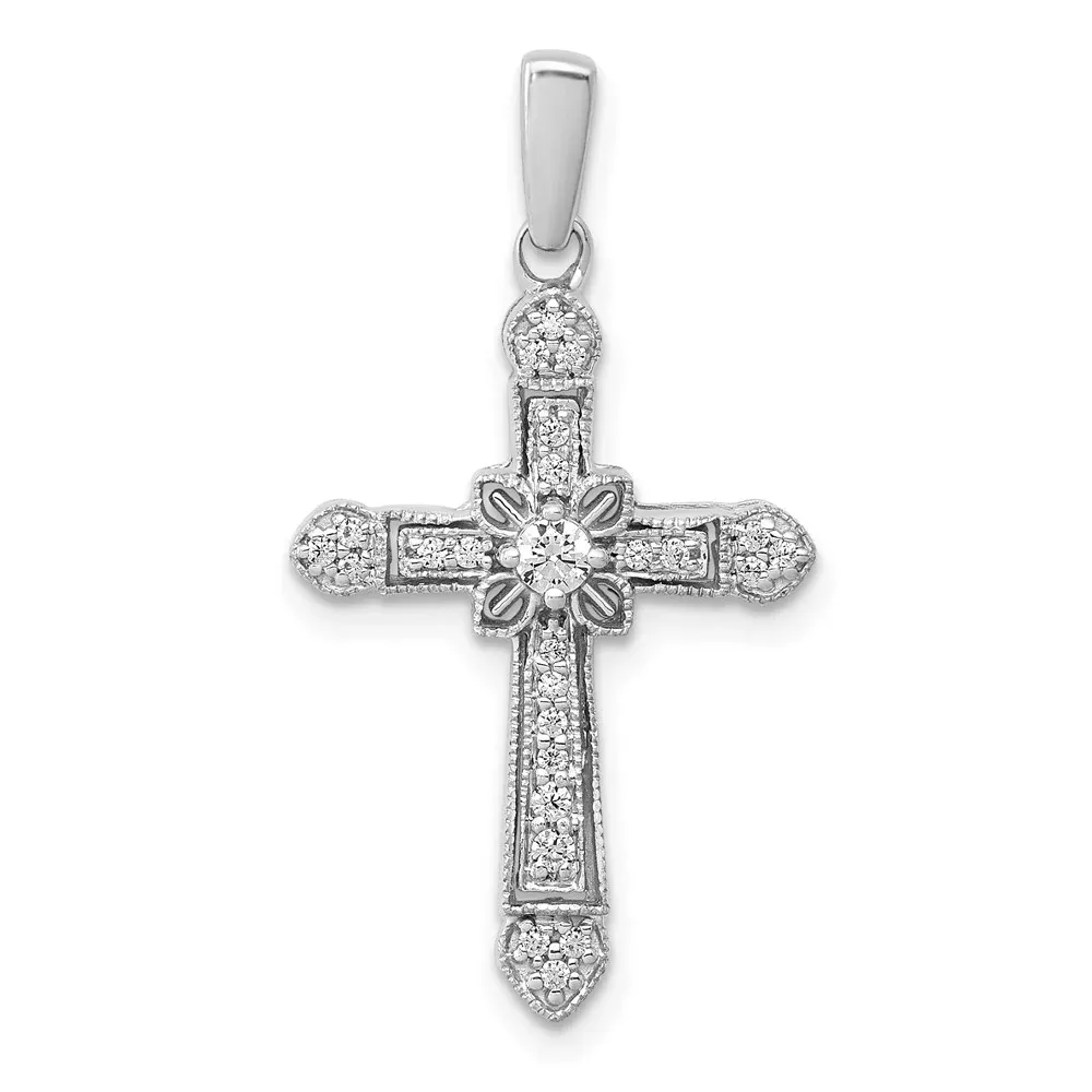 14k White Gold 1 /6ct. Real Diamond Filigree Cross Pendant