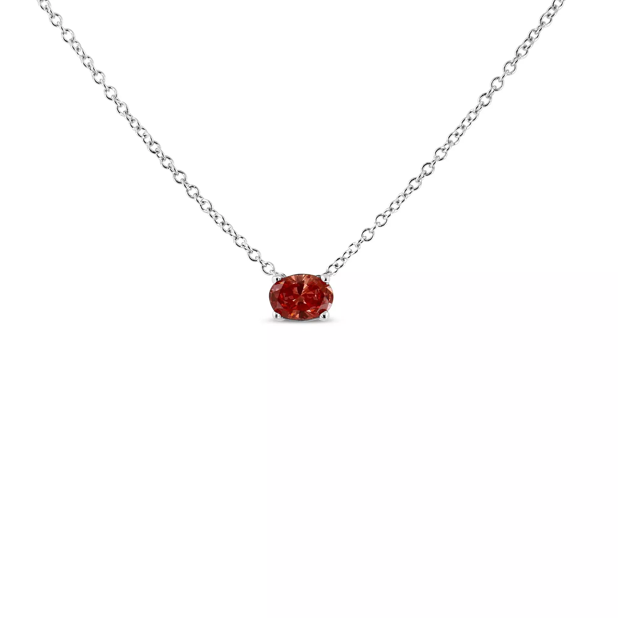 14K White Gold 3/8 Cttw Lab Grown Pink Oval Solitaire Diamond East West 18" Pendant Necklace (Pink Color, VS2-SI1 Clarity)