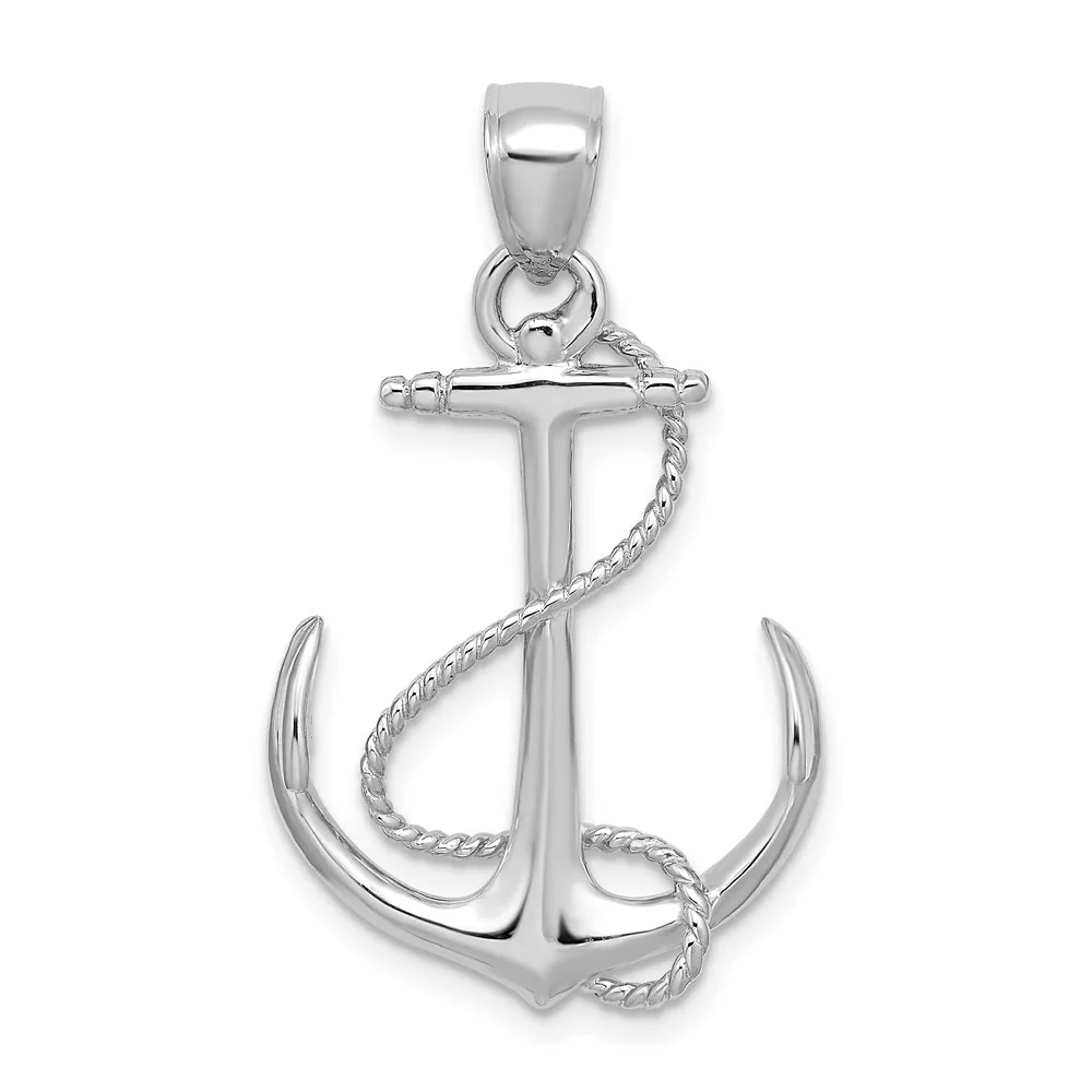 14K White Gold 3-D Polished and Textured Anchor with Rope Charm