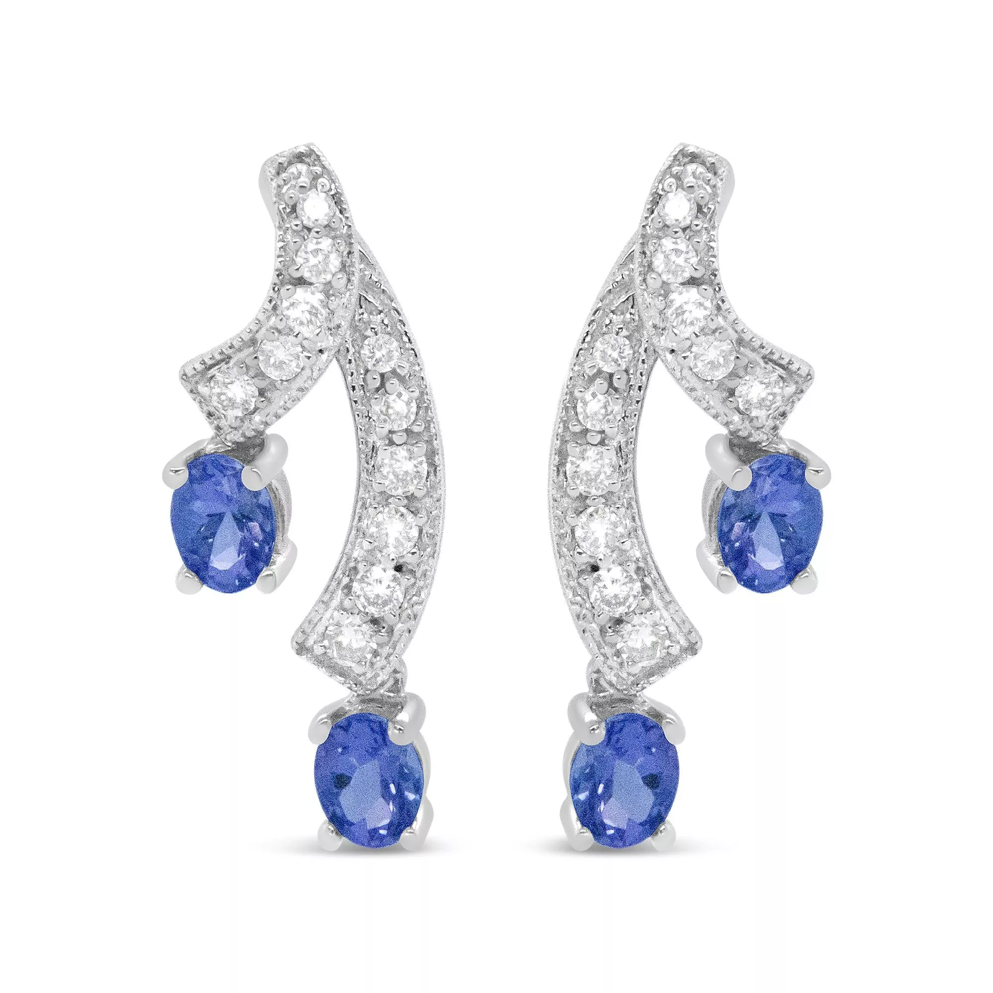 14K White Gold 4x3MM Oval Shaped Natural Blue Tanzanite Gemstone and 1/5 Cttw Diamond Double 3/4" Inch Drop Stud Earrings (H-I Color, VS1-VS2 Clarity)