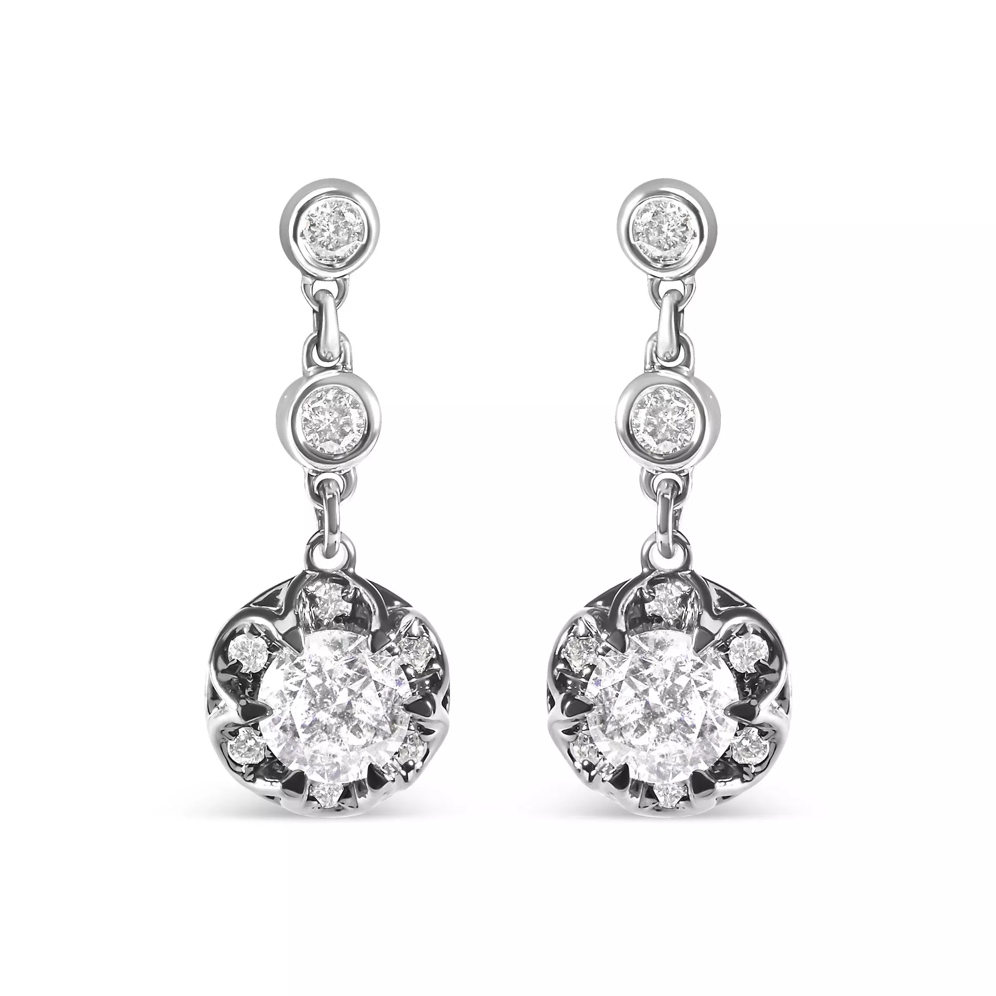 14k White Gold 5/8 Cttw Diamond Halo Drop and Dangle Earrings Stud with Bale (I-J Color, I1-I2 Clarity)