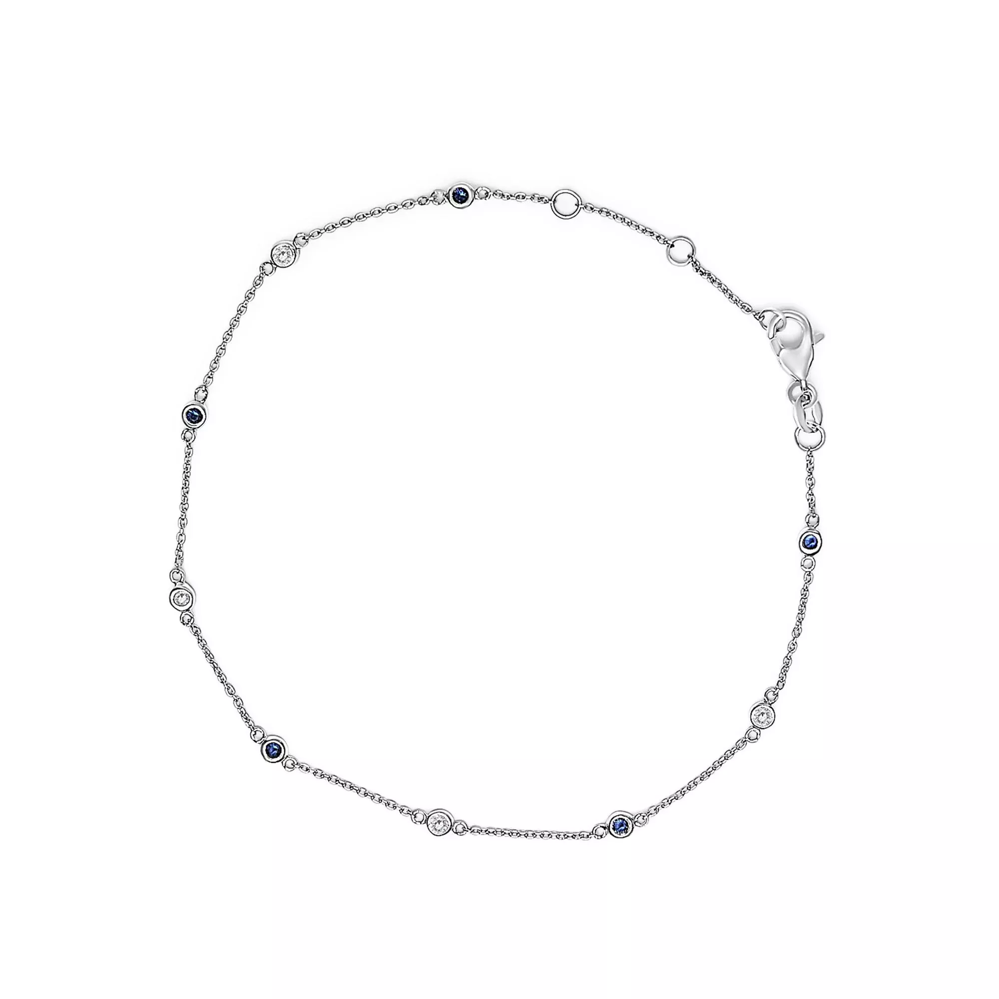 14K White Gold Alternating Blue Sapphire and White Diamond Bezel Station Chain Bracelet (I-J Color, SI2-I1 Clarity) - 8" Inches