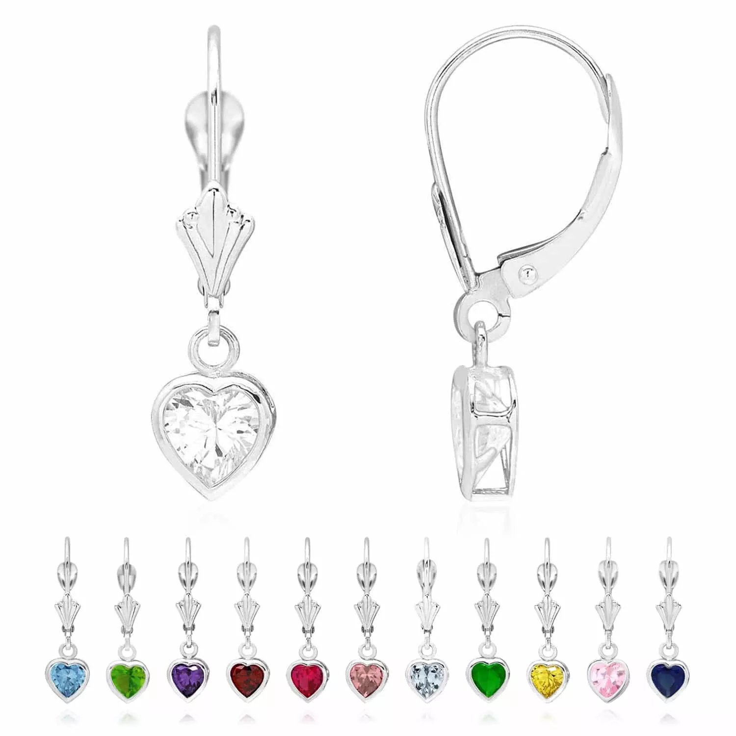 14K White Gold Bezel Heart Birthstone Leverback Dangle Earrings 5mm