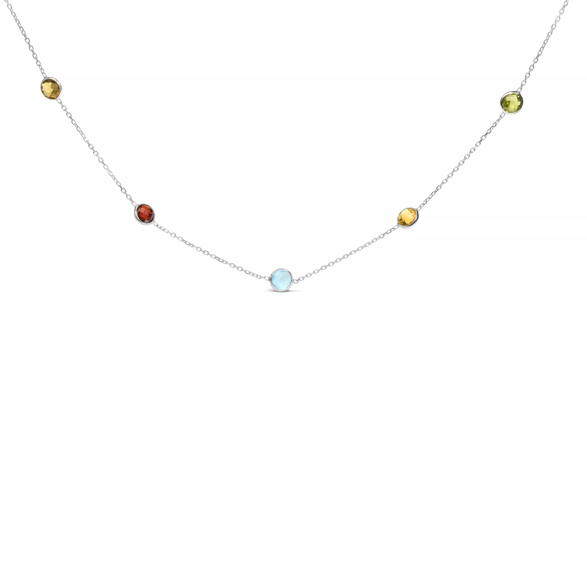 14K White Gold Bezel Set Mixed Gemstone 7 Station Adjustable 18"-24" Necklace