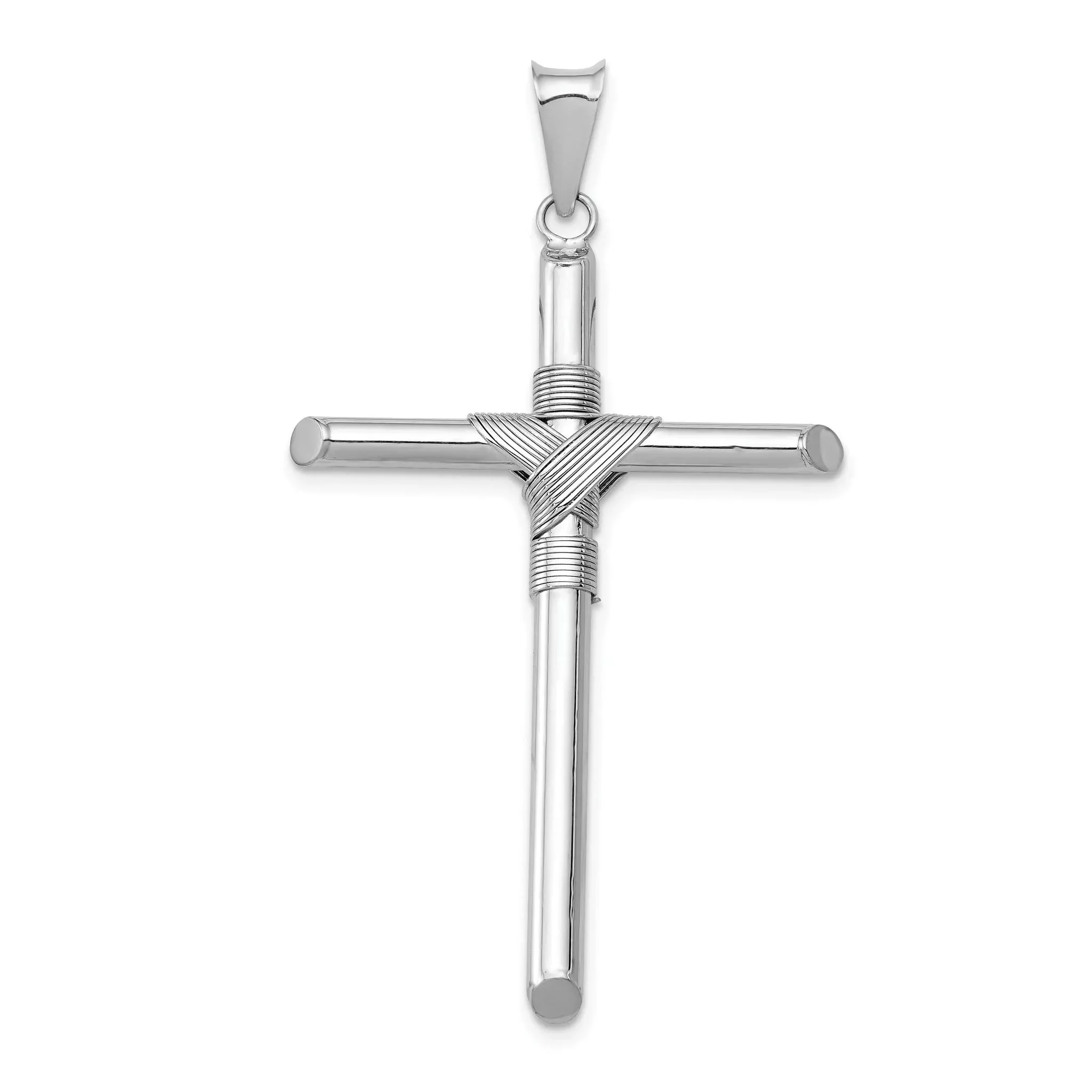 14K White Gold Cross Pendant with Polished 3D Tube Wrap Design