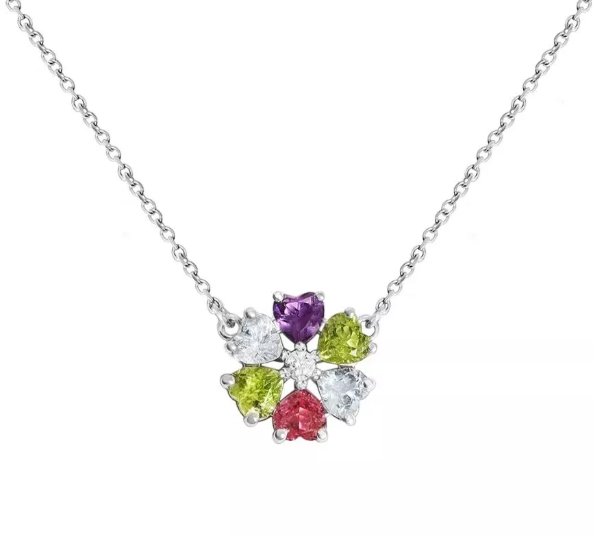 14k White Gold Diamond Floral Multi Colored Heart Shaped Necklace 0.15 Ctw