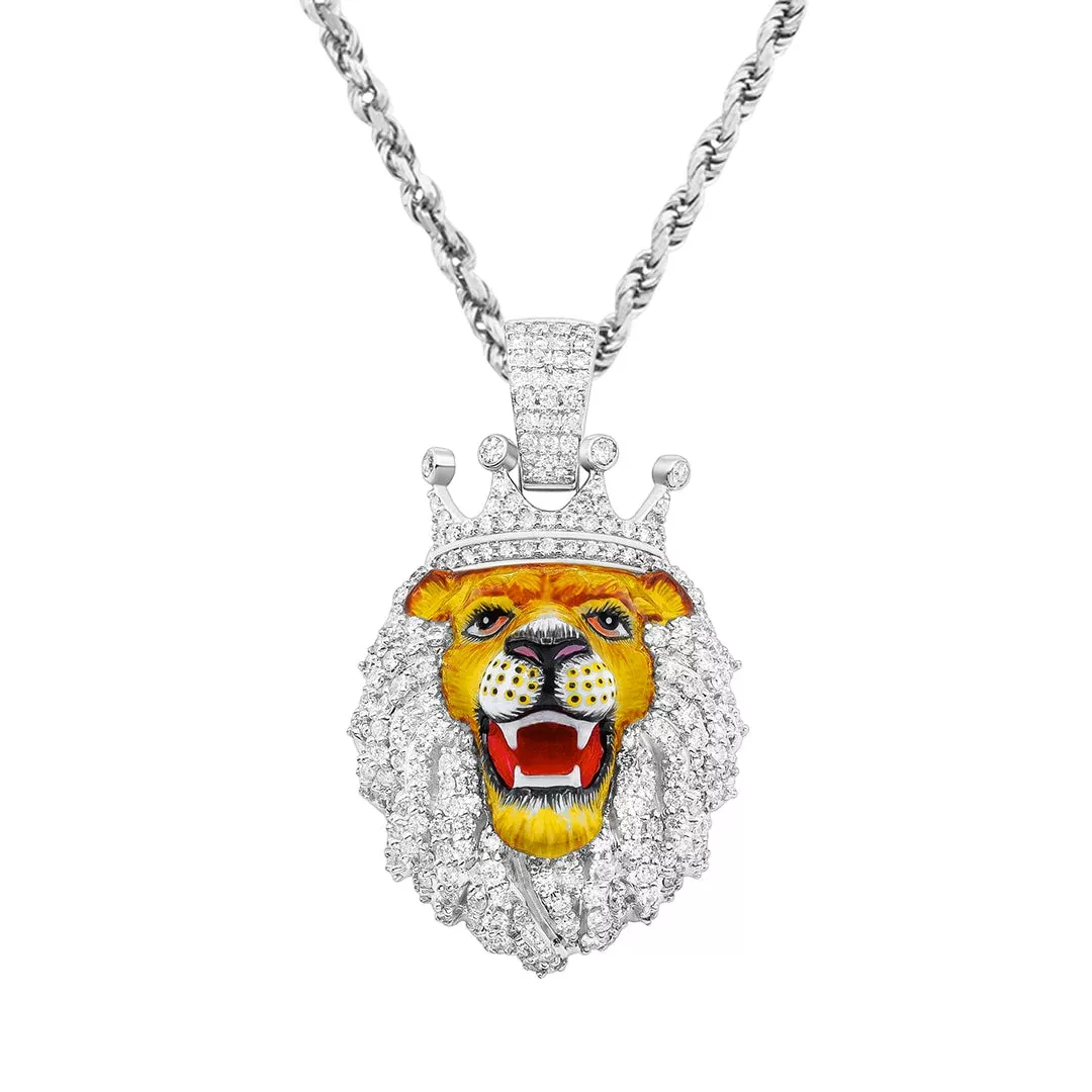 14K White Gold & Diamond Lion Face Pendant 2.90ctw