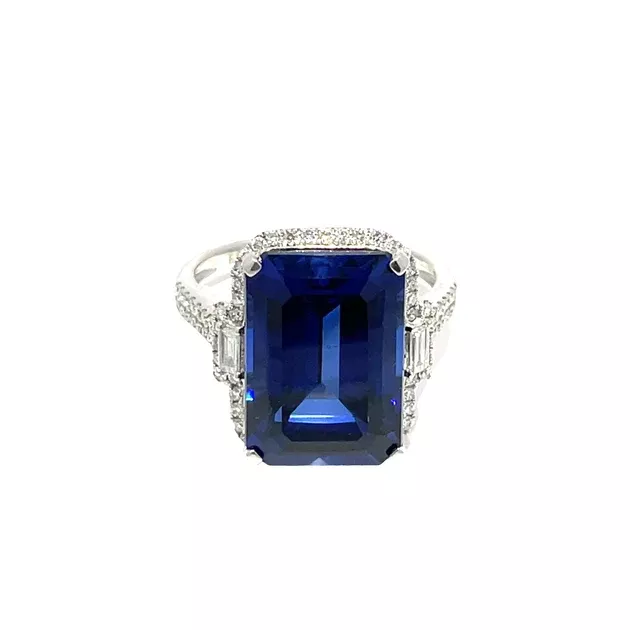 14K White Gold Emerald-Cut Blue Sapphire & Diamond Ring
