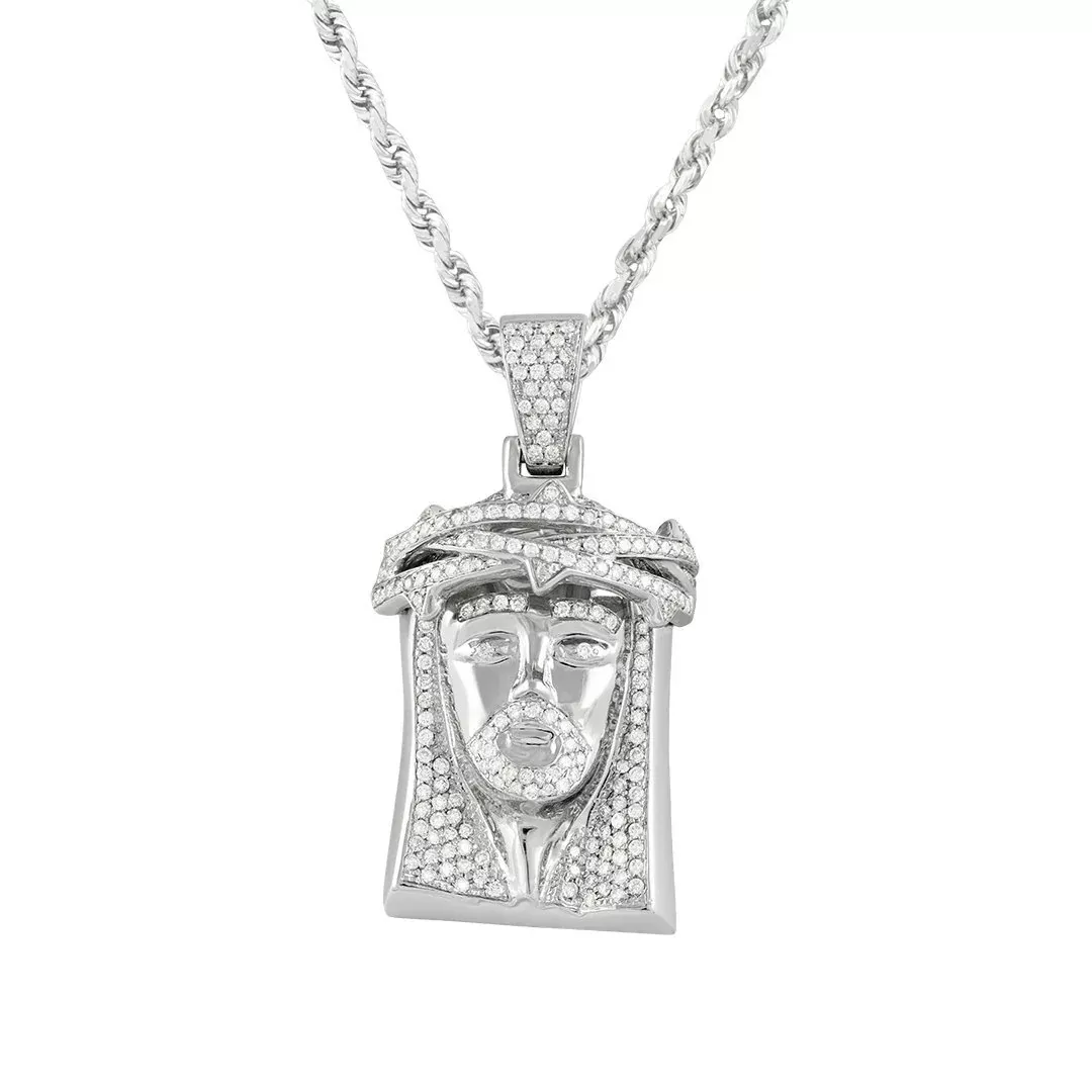 14K White Gold Jesus Head Pendant with Round Cut Diamonds 2 Cwt.
