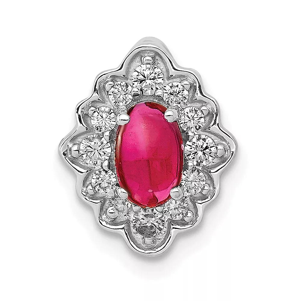 14k White Gold Real Diamond and Cabochon .60 Ruby Chain Slide