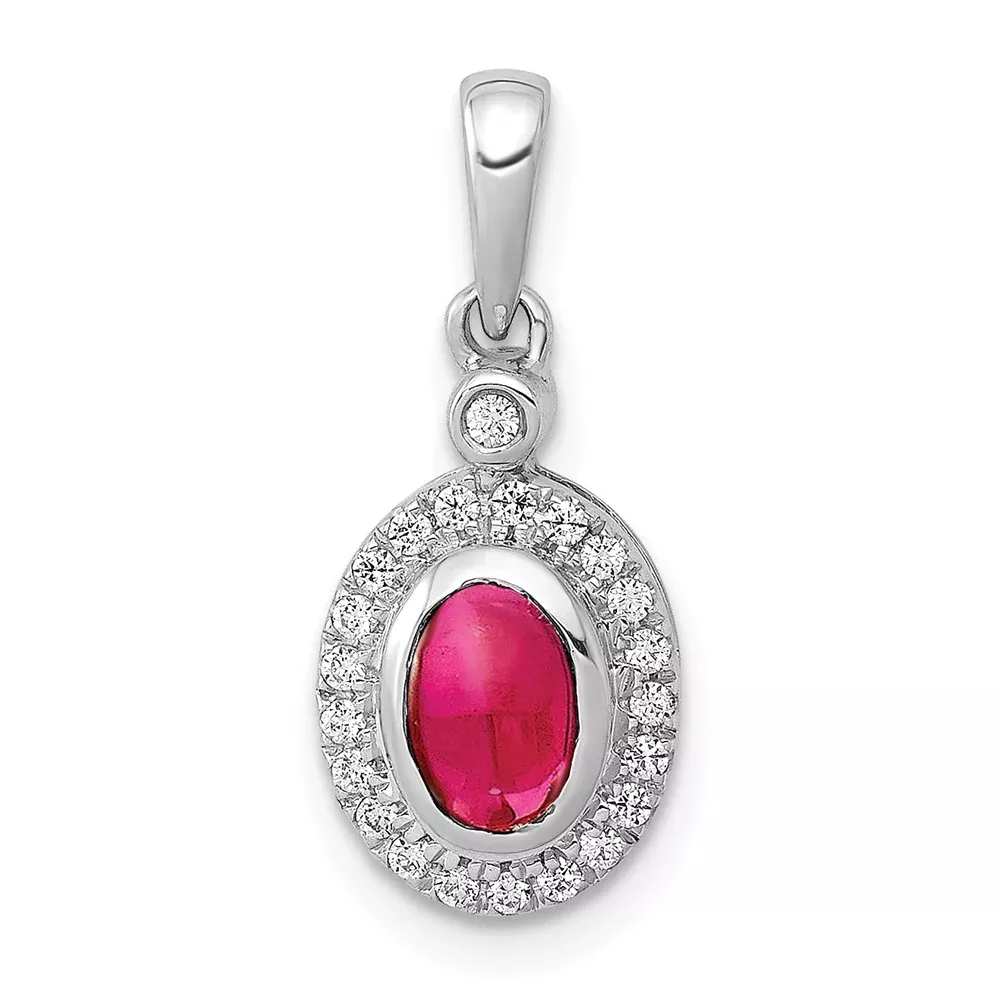 14k White Gold Real Diamond and Cabochon Ruby Halo Pendant