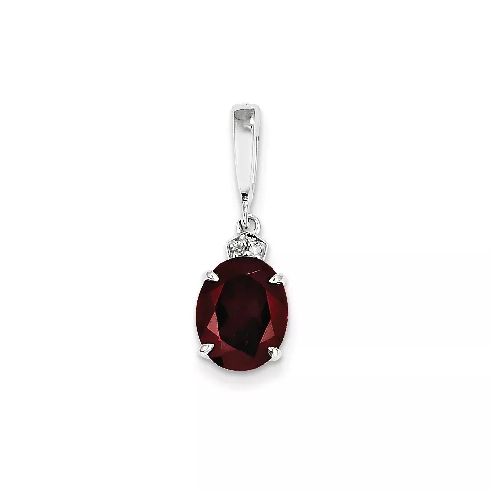 14k White Gold Real Diamond and Garnet Oval Pendant