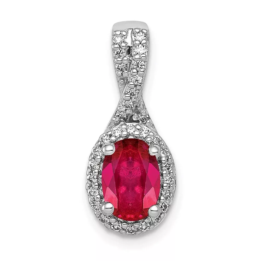 14k White Gold Real Diamond and Oval Ruby Halo Pendant